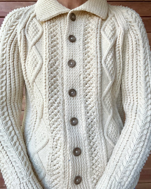 Vintage Handknit Cream Fisherman Cable Cardigan Sweater S M