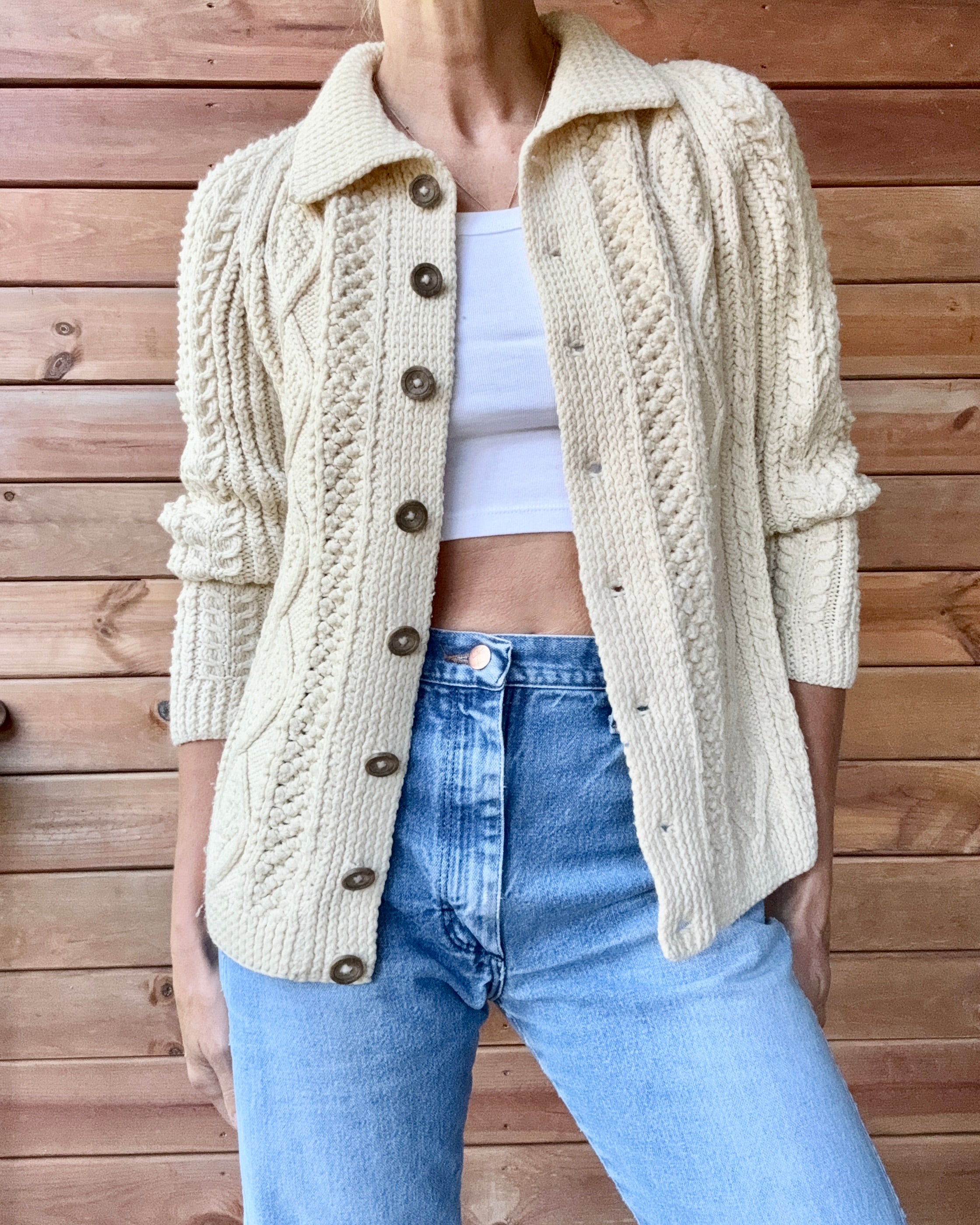 Vintage Handknit Cream Fisherman Cable Cardigan Sweater S M