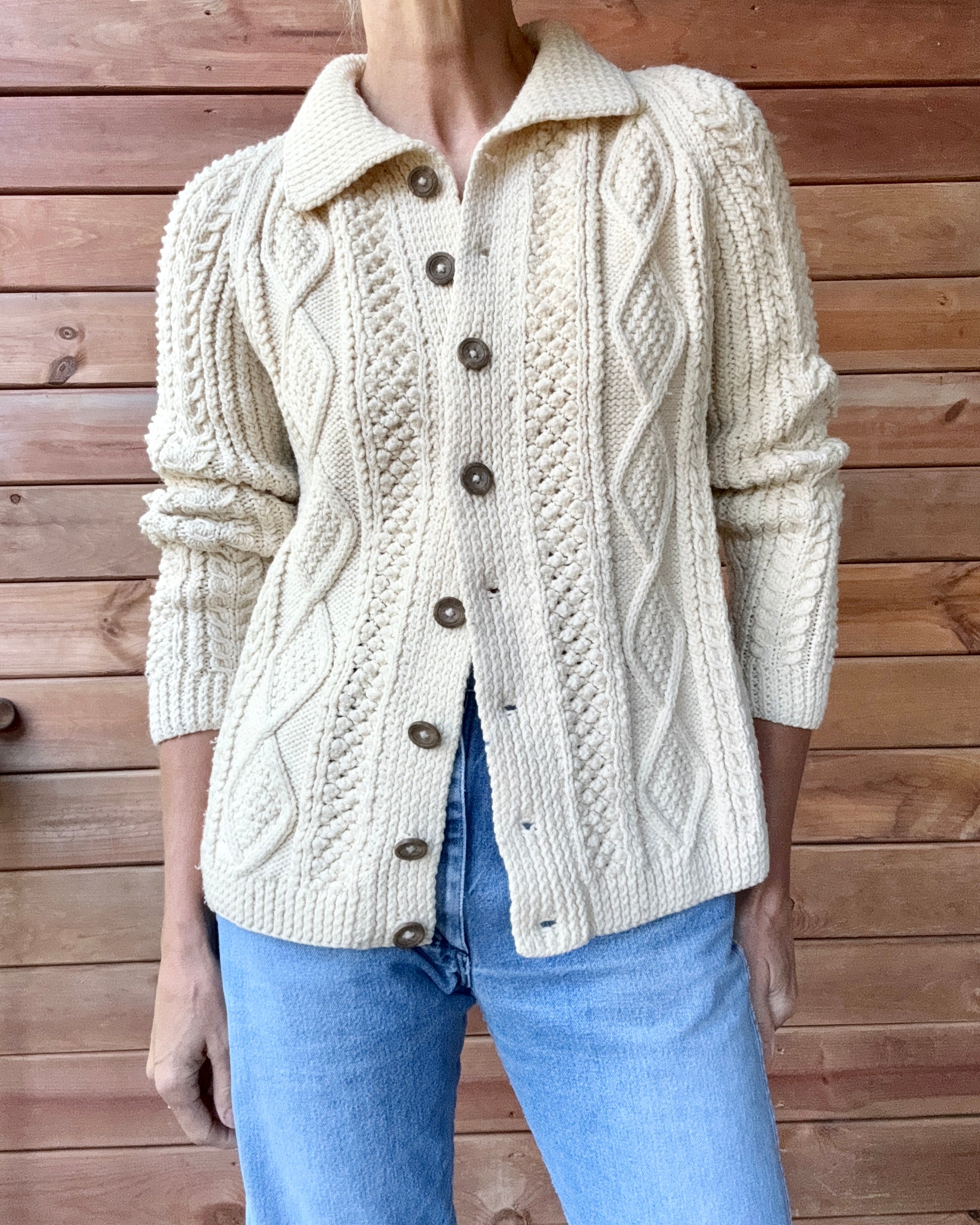 Vintage Handknit Cream Fisherman Cable Cardigan Sweater S M