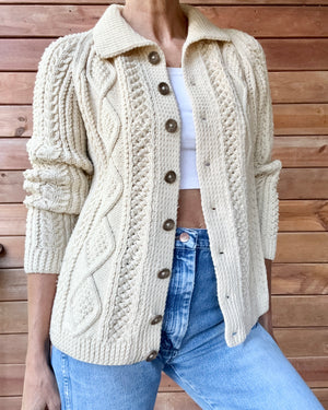 Vintage Handknit Cream Fisherman Cable Cardigan Sweater S M