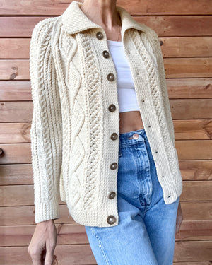 Vintage Handknit Cream Fisherman Cable Cardigan Sweater S M