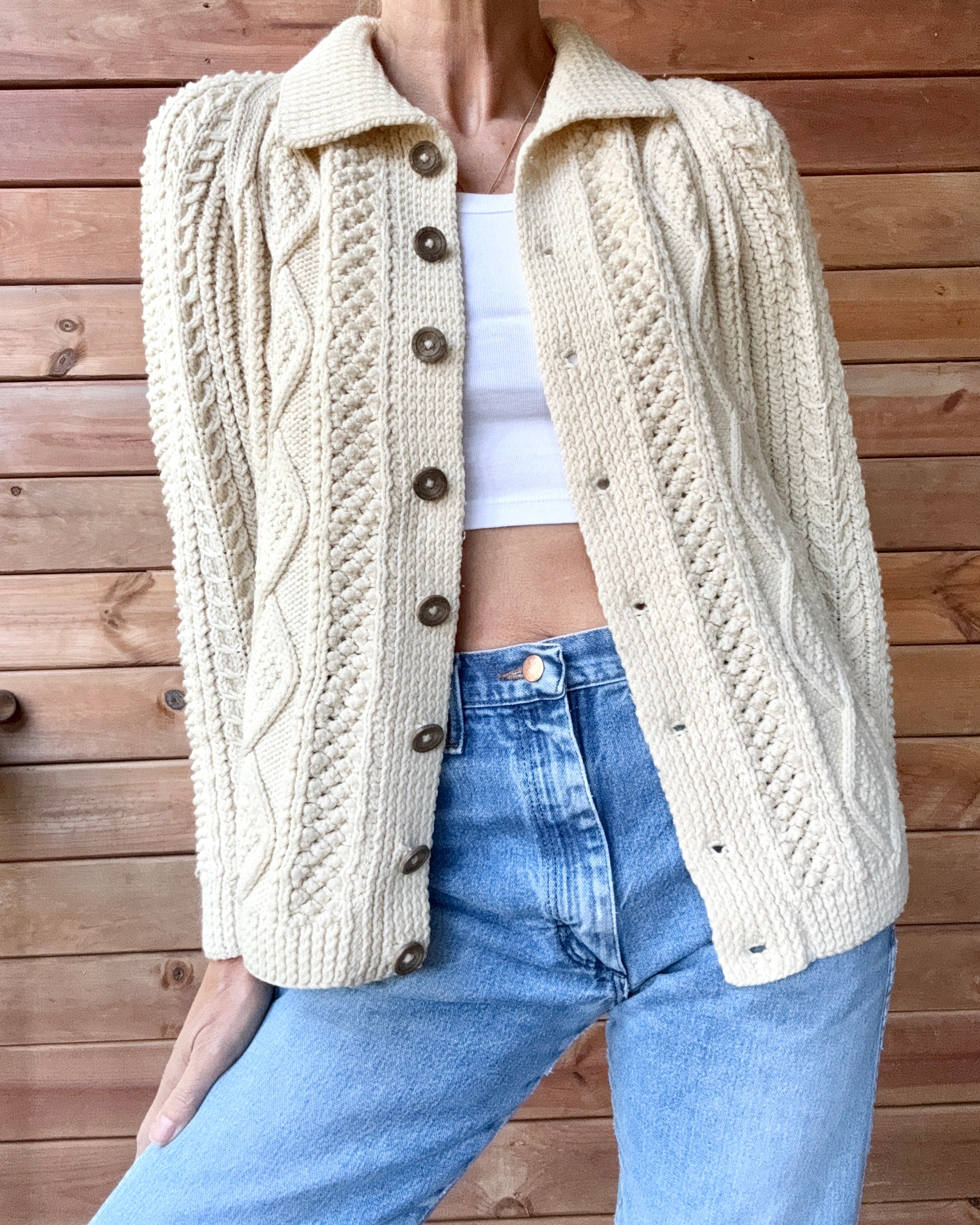 Vintage Handknit Cream Fisherman Cable Cardigan Sweater S M