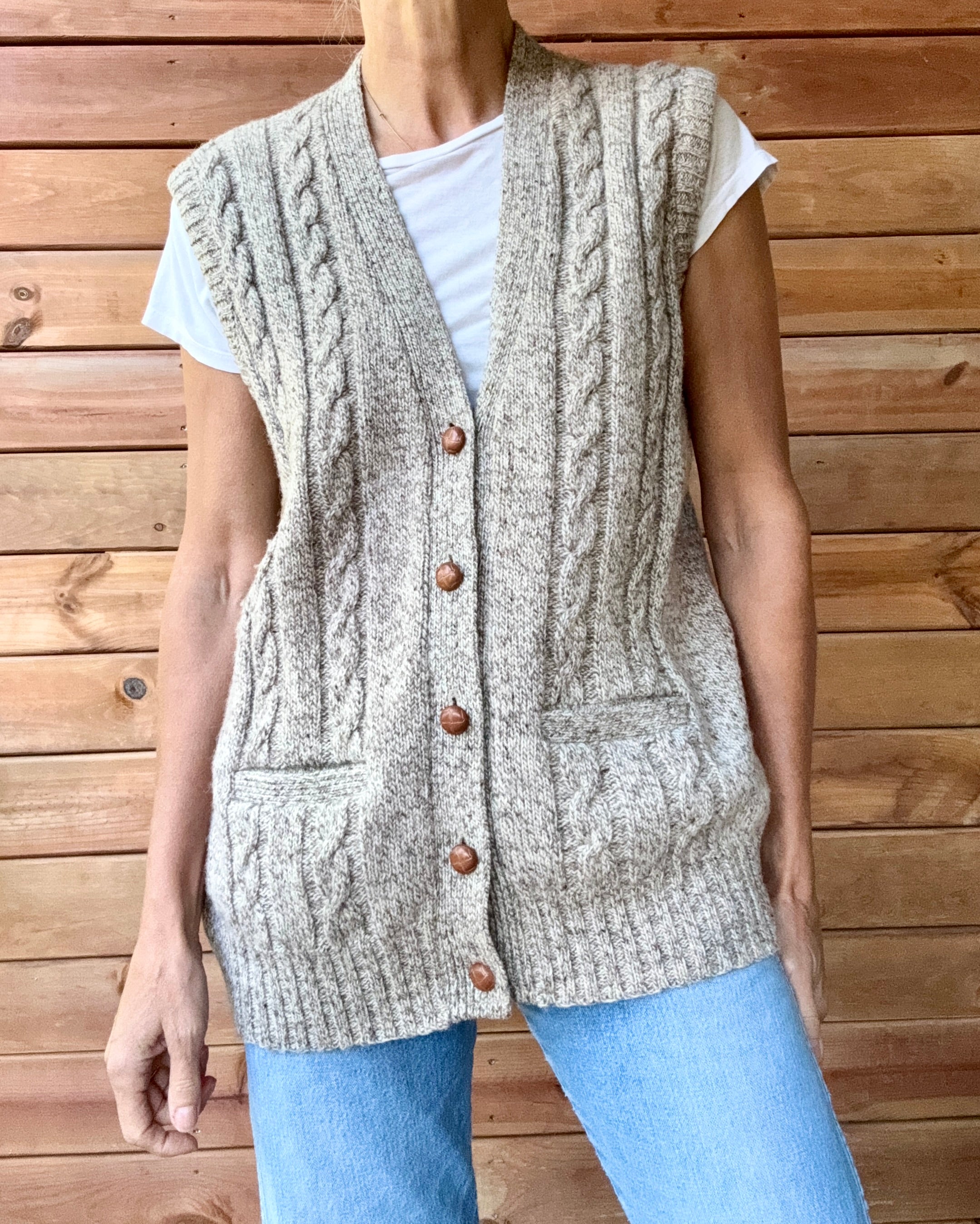 Vintage Handknit SEARS Oatmeal Heathered Fisherman Cable Vest Cardigan Sweater M L