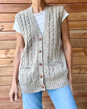 Vintage Handknit SEARS Oatmeal Heathered Fisherman Cable Vest Cardigan Sweater M L