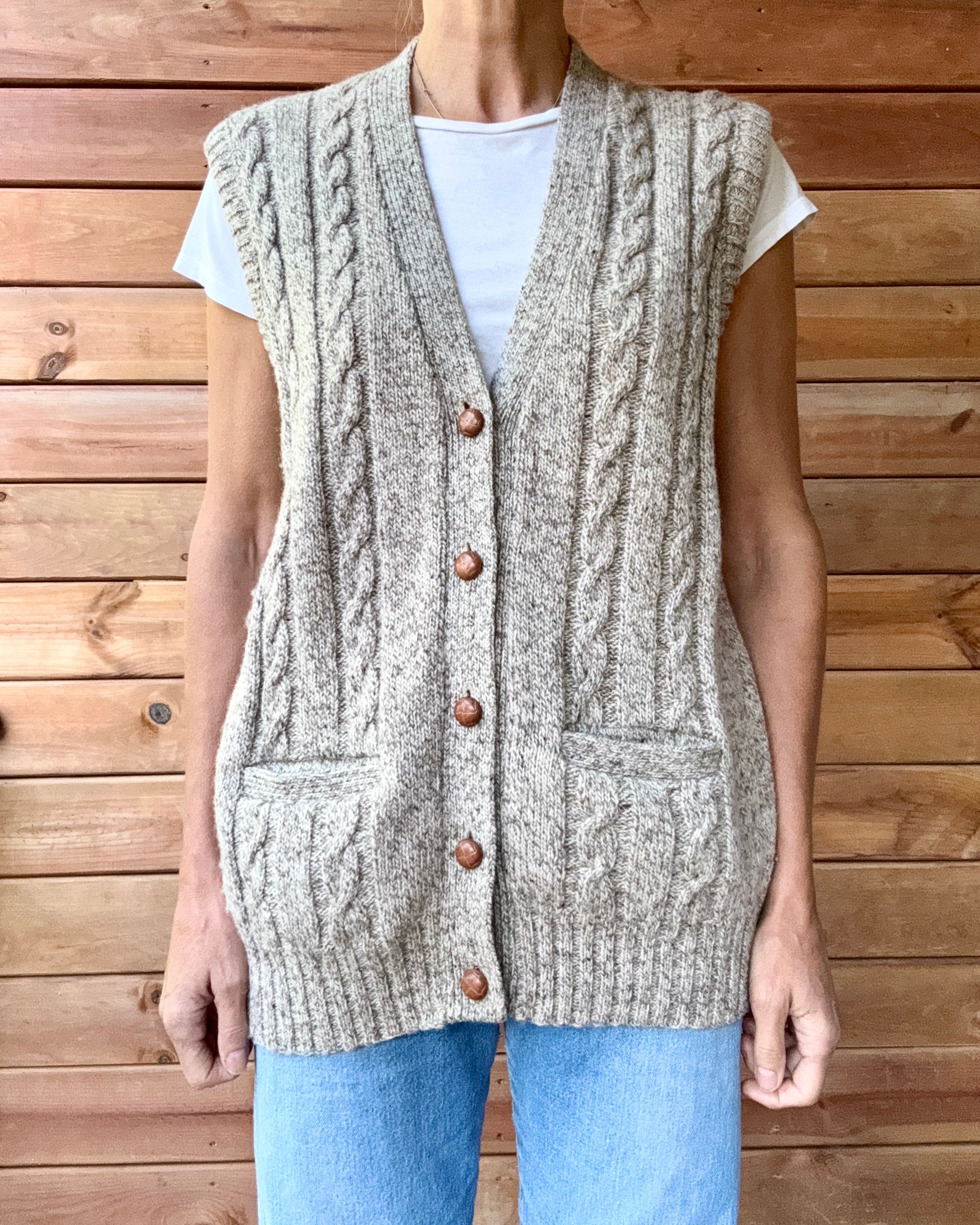 Vintage Handknit SEARS Oatmeal Heathered Fisherman Cable Vest Cardigan Sweater M L