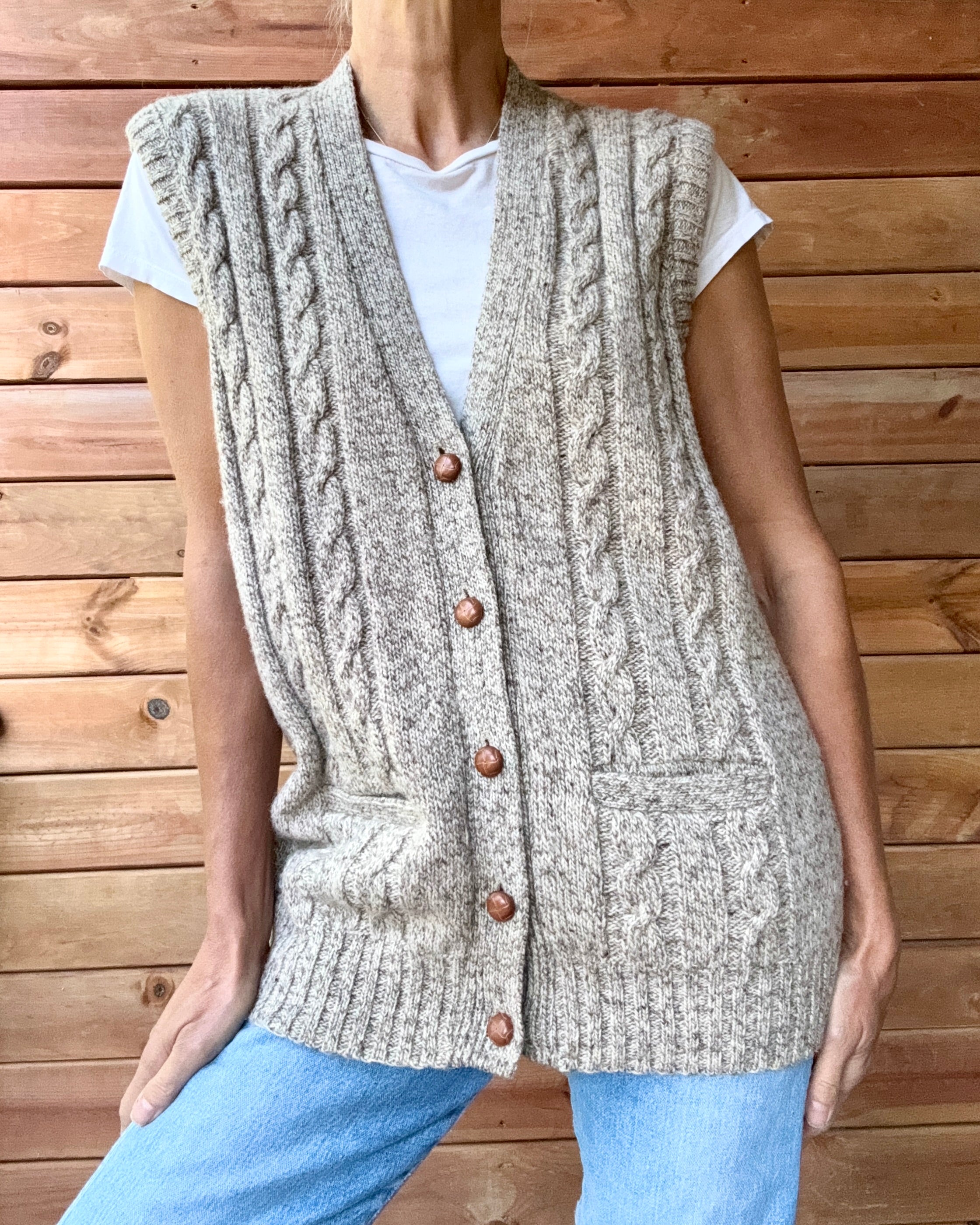 Vintage Handknit SEARS Oatmeal Heathered Fisherman Cable Vest Cardigan Sweater M L