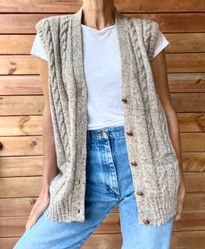 Vintage Handknit SEARS Oatmeal Heathered Fisherman Cable Vest Cardigan Sweater M L