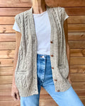 Vintage Handknit SEARS Oatmeal Heathered Fisherman Cable Vest Cardigan Sweater M L