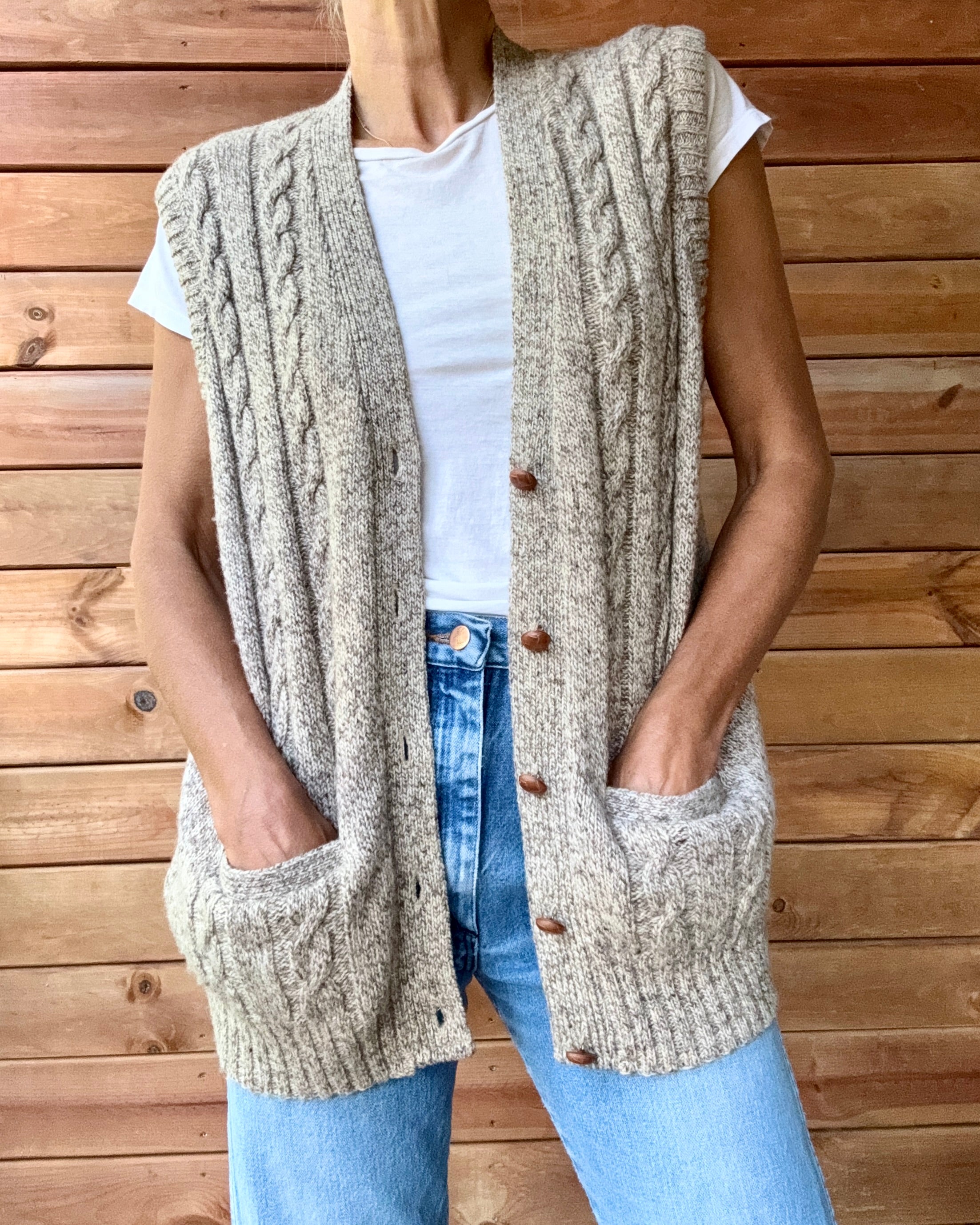 Vintage Handknit SEARS Oatmeal Heathered Fisherman Cable Vest Cardigan Sweater M L