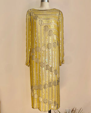 VINTAGE 1970s Deco Flapper Style Yellow Silk Chiffon Sequined and Beaded Dress