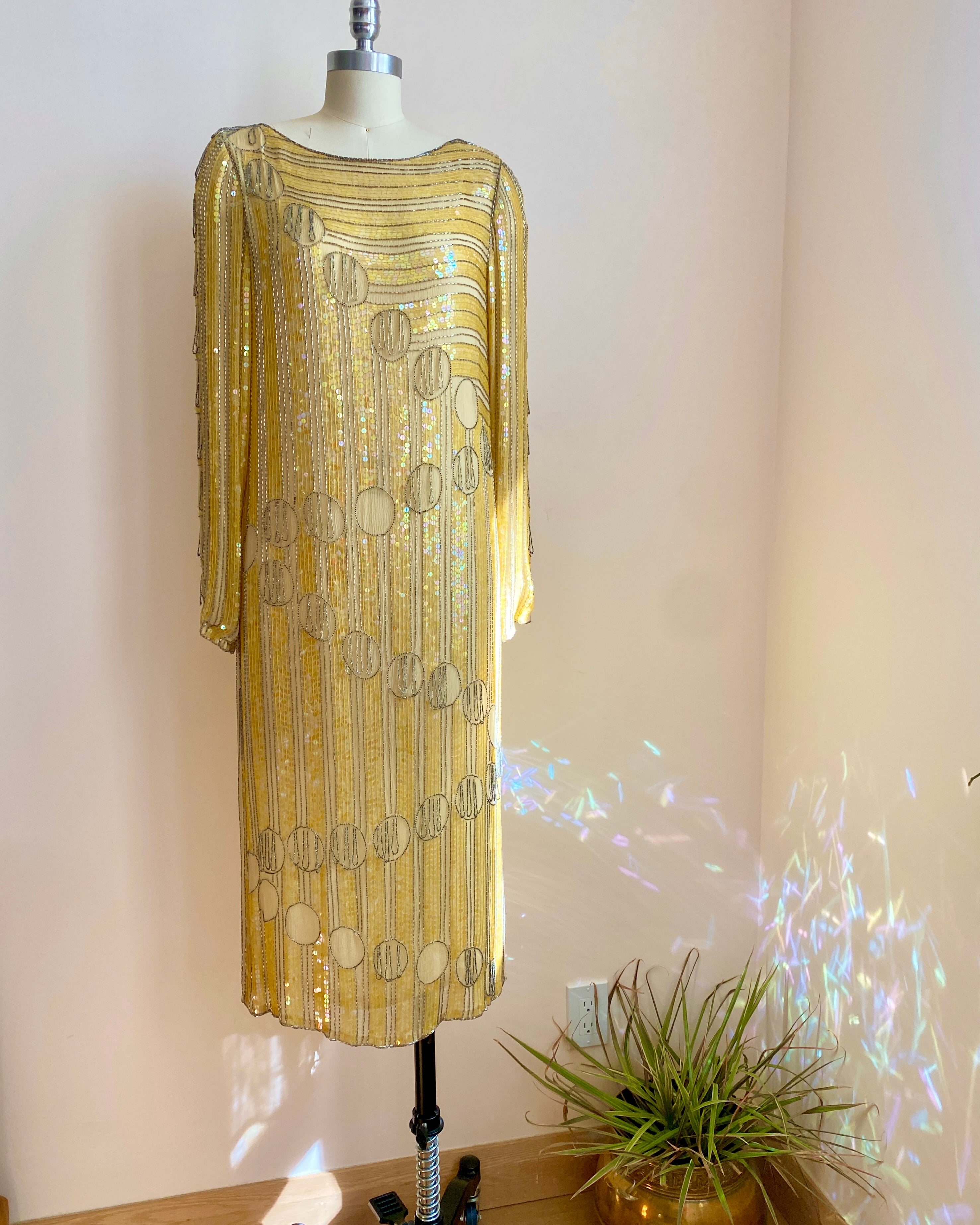 VINTAGE 1970s Deco Flapper Style Yellow Silk Chiffon Sequined and Beaded Dress