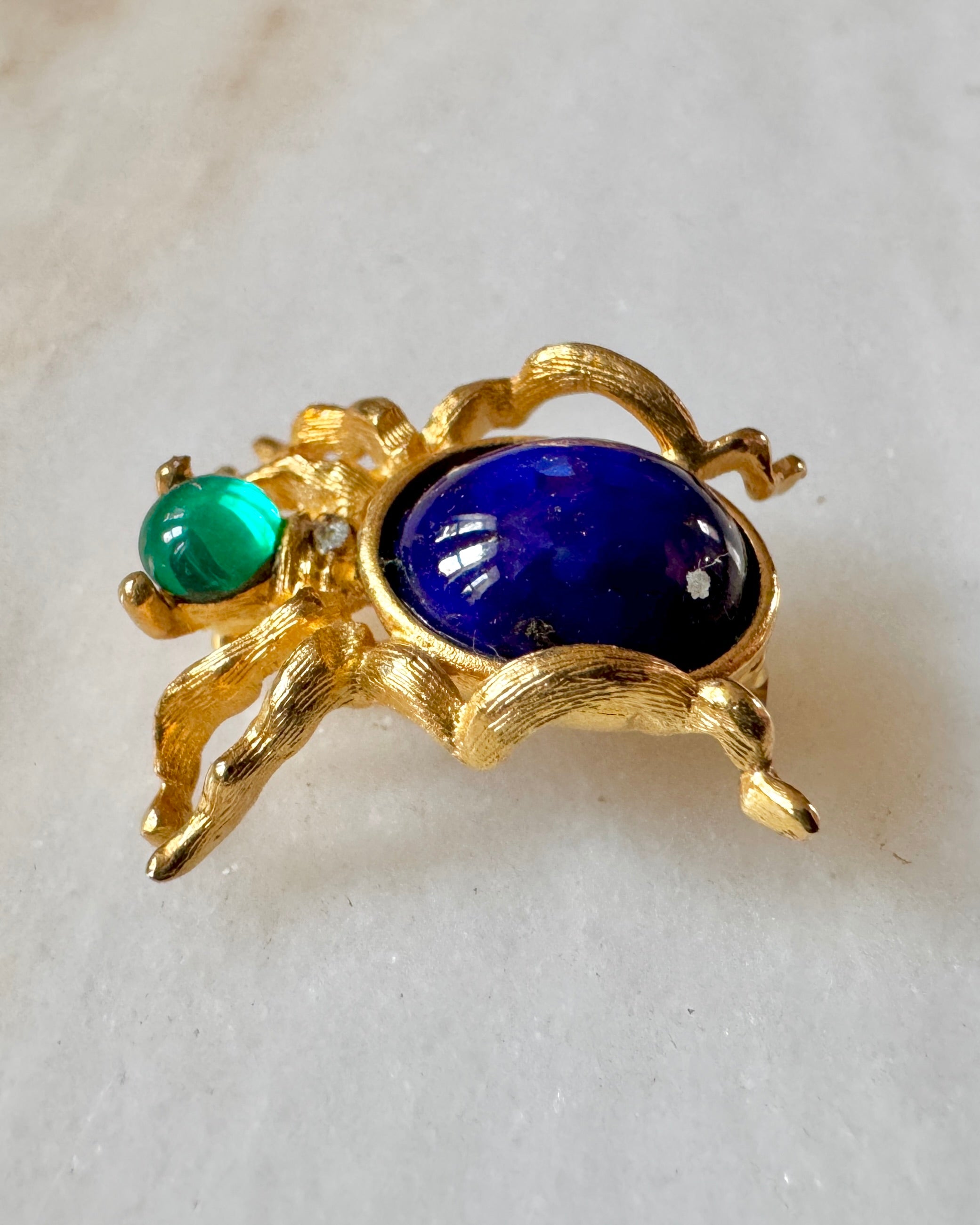 Vintage Costume Jewelry Spider Pin with Blue Stone and Gold Tone Frame