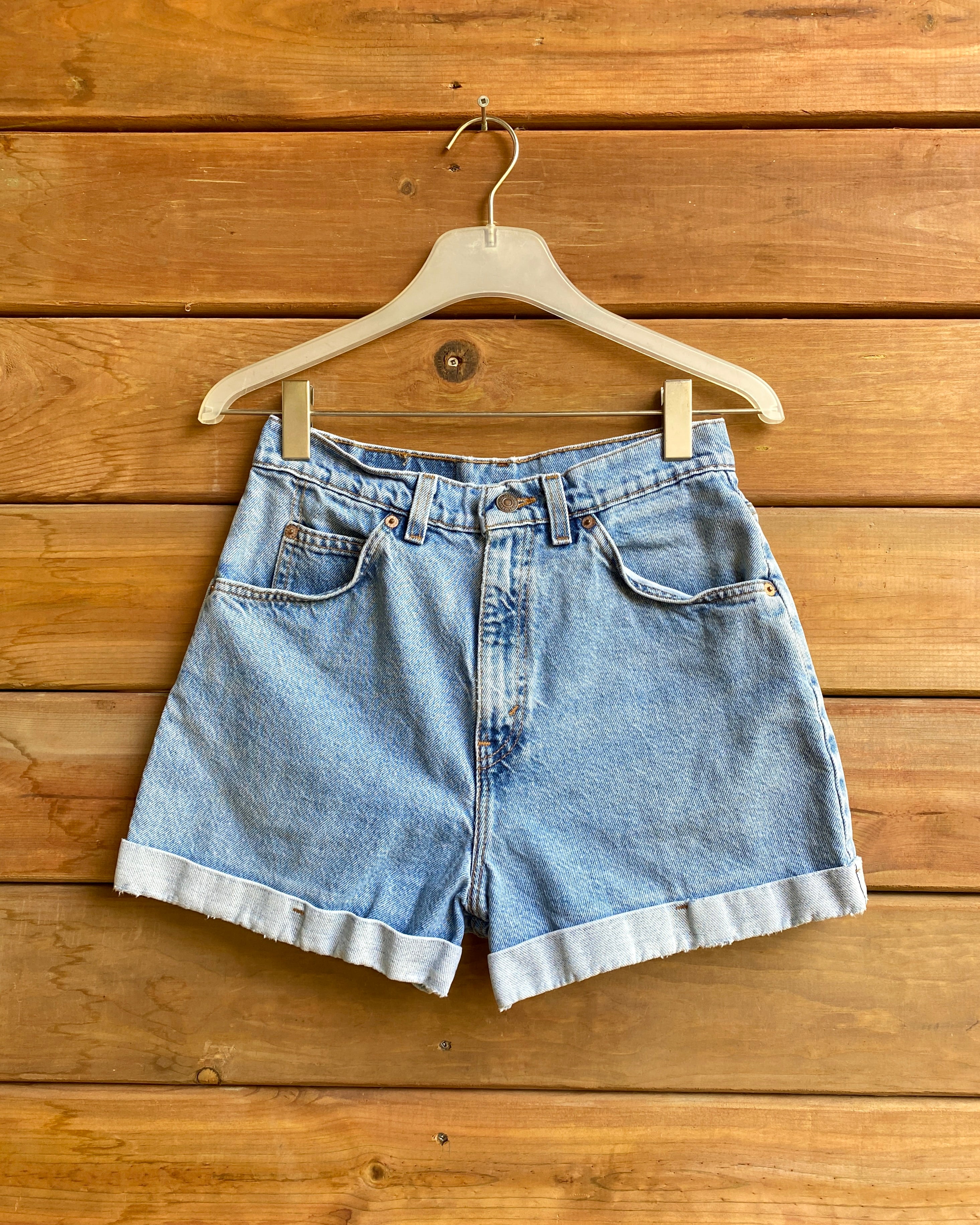 Vintage 1990s Orange Tab Levis 954 Light Wash Cuffed Denim Jean Shorts 28 Made in USA