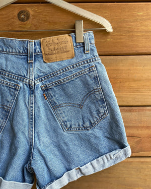 Vintage 1990s Orange Tab Levis 954 Light to Medium Wash Cuffed Denim Jean Shorts 25 Made in USA