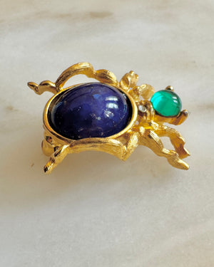 Vintage Costume Jewelry Spider Pin with Blue Stone and Gold Tone Frame