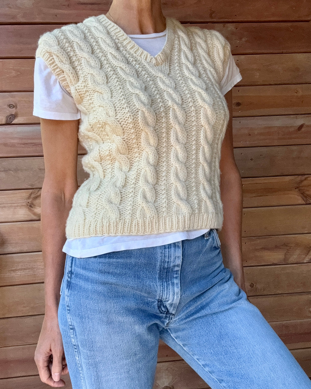 Vintage Handknit Cream Fisherman Cable Vest Sweater S M