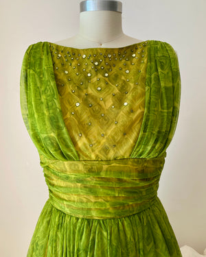 Vintage 1950s JERRY GILDEN Green Chiffon Printed Gathered Dress With Rhinestones size 2 XS