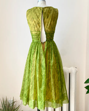 Vintage 1950s JERRY GILDEN Green Chiffon Printed Gathered Dress With Rhinestones size 2 XS
