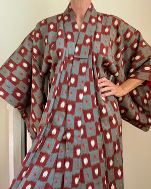 Vintage Japanese Silk Ottoman Miesen Kimono Robe in Kasuri Ikat Design