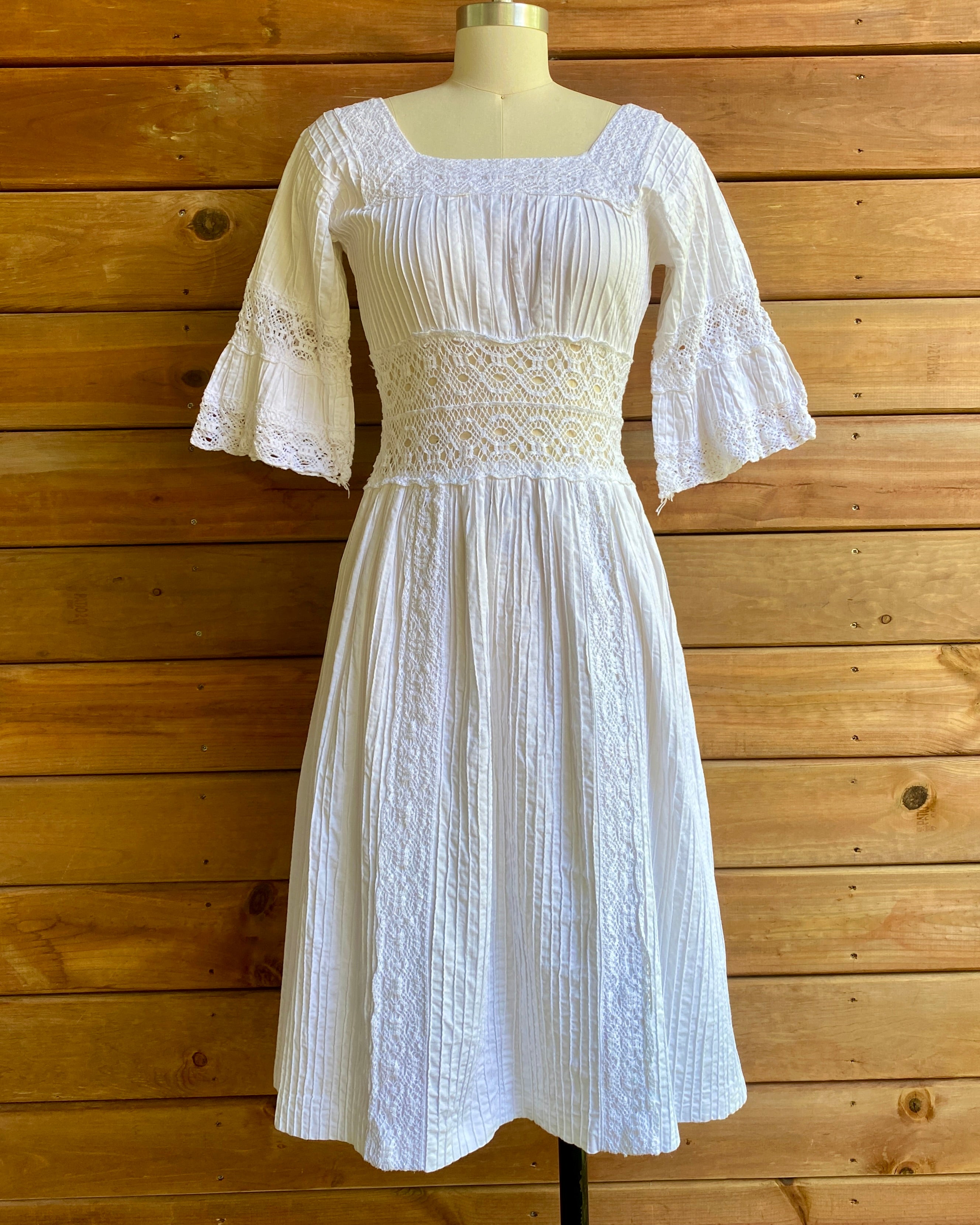 VINTAGE 1960s White Cotton Pintuck and Crochet Mexican Wedding Dress with Bell Sleeves