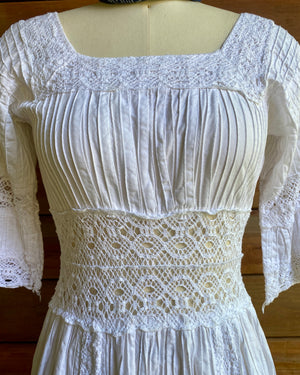 VINTAGE 1960s White Cotton Pintuck and Crochet Mexican Wedding Dress with Bell Sleeves