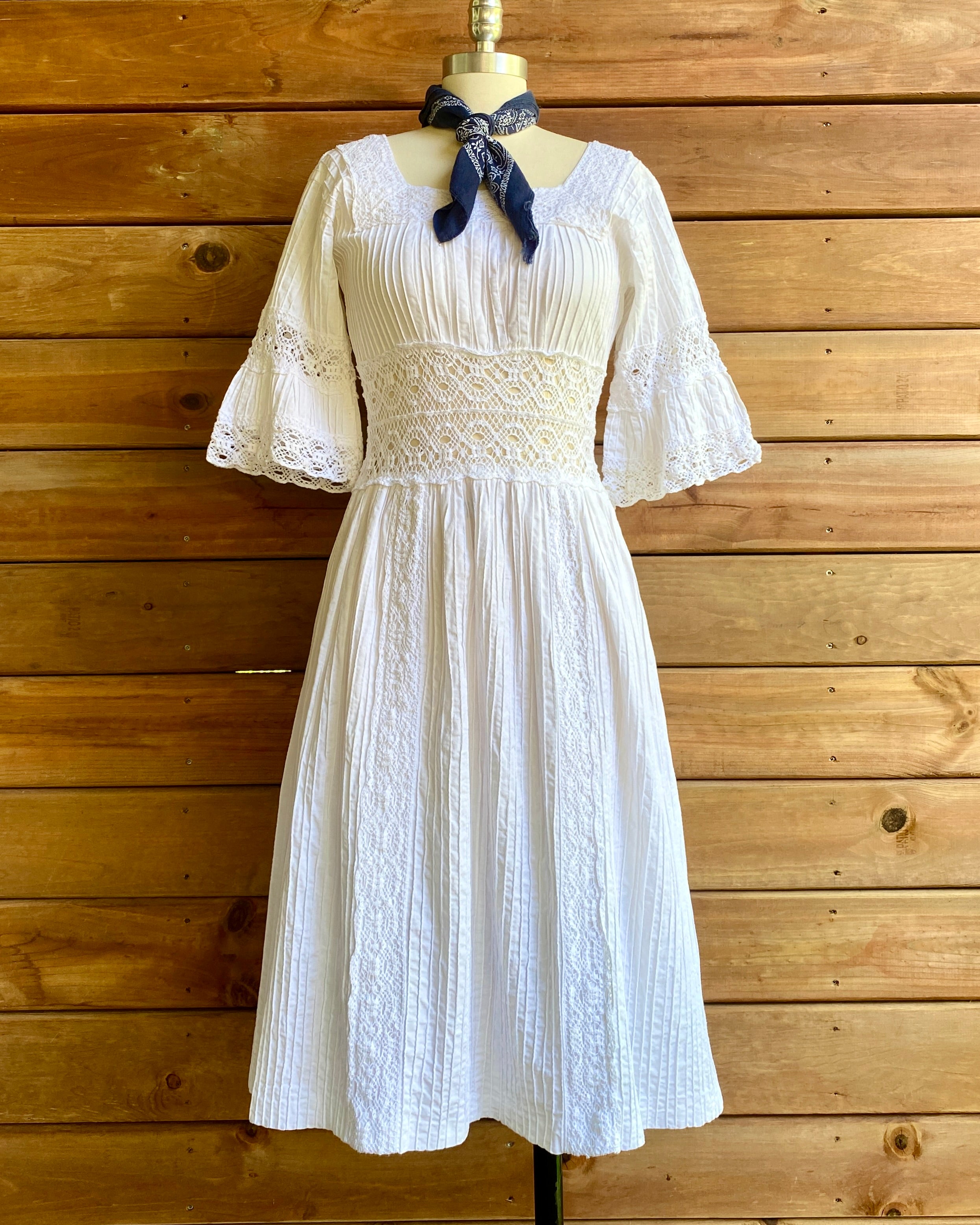 VINTAGE 1960s White Cotton Pintuck and Crochet Mexican Wedding Dress with Bell Sleeves