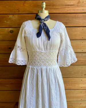 VINTAGE 1960s White Cotton Pintuck and Crochet Mexican Wedding Dress with Bell Sleeves