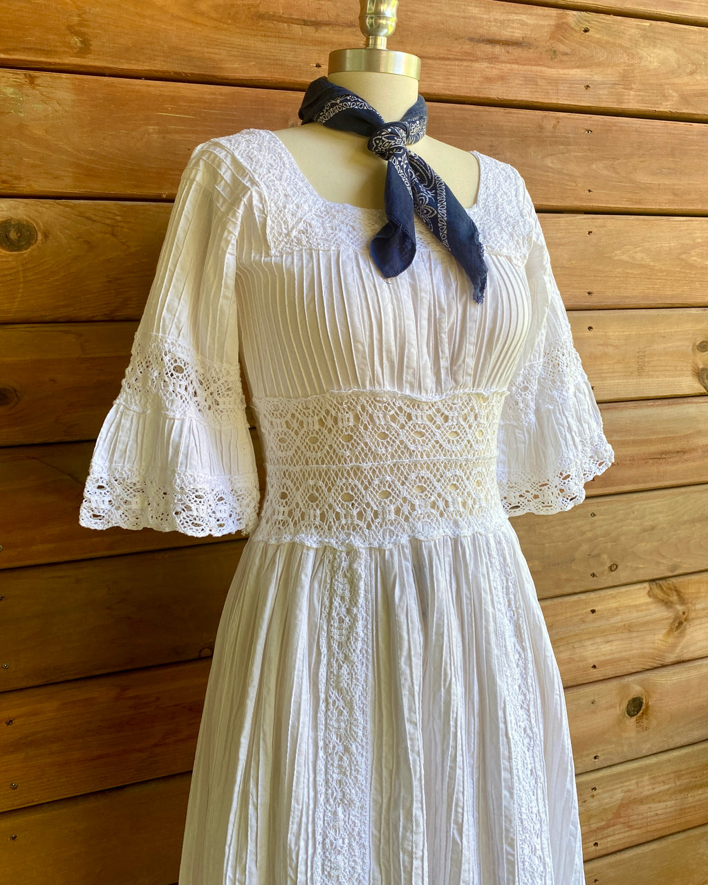 VINTAGE 1960s White Cotton Pintuck and Crochet Mexican Wedding Dress with Bell Sleeves