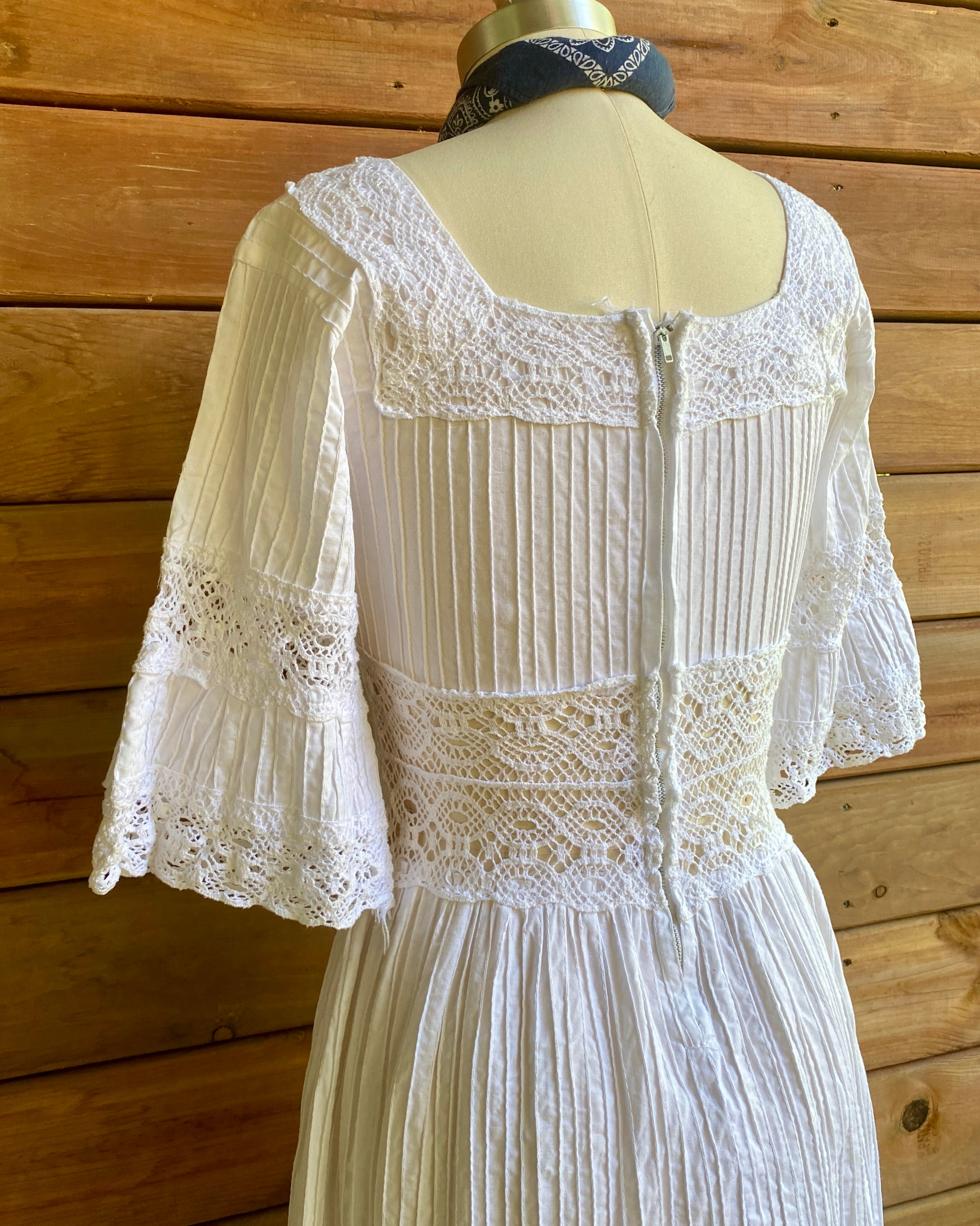 VINTAGE 1960s White Cotton Pintuck and Crochet Mexican Wedding Dress with Bell Sleeves