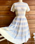 VINTAGE 1950s White and Blue Cotton Eyelet Gathered Dress