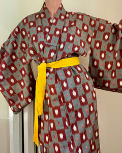 Vintage Japanese Silk Ottoman Miesen Kimono Robe in Kasuri Ikat Design