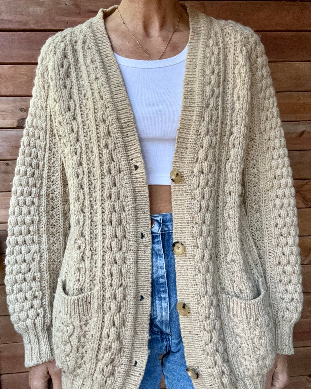 Vintage Fisherman Heathered Oatmeal Cable Wool Cardigan Sweater M L