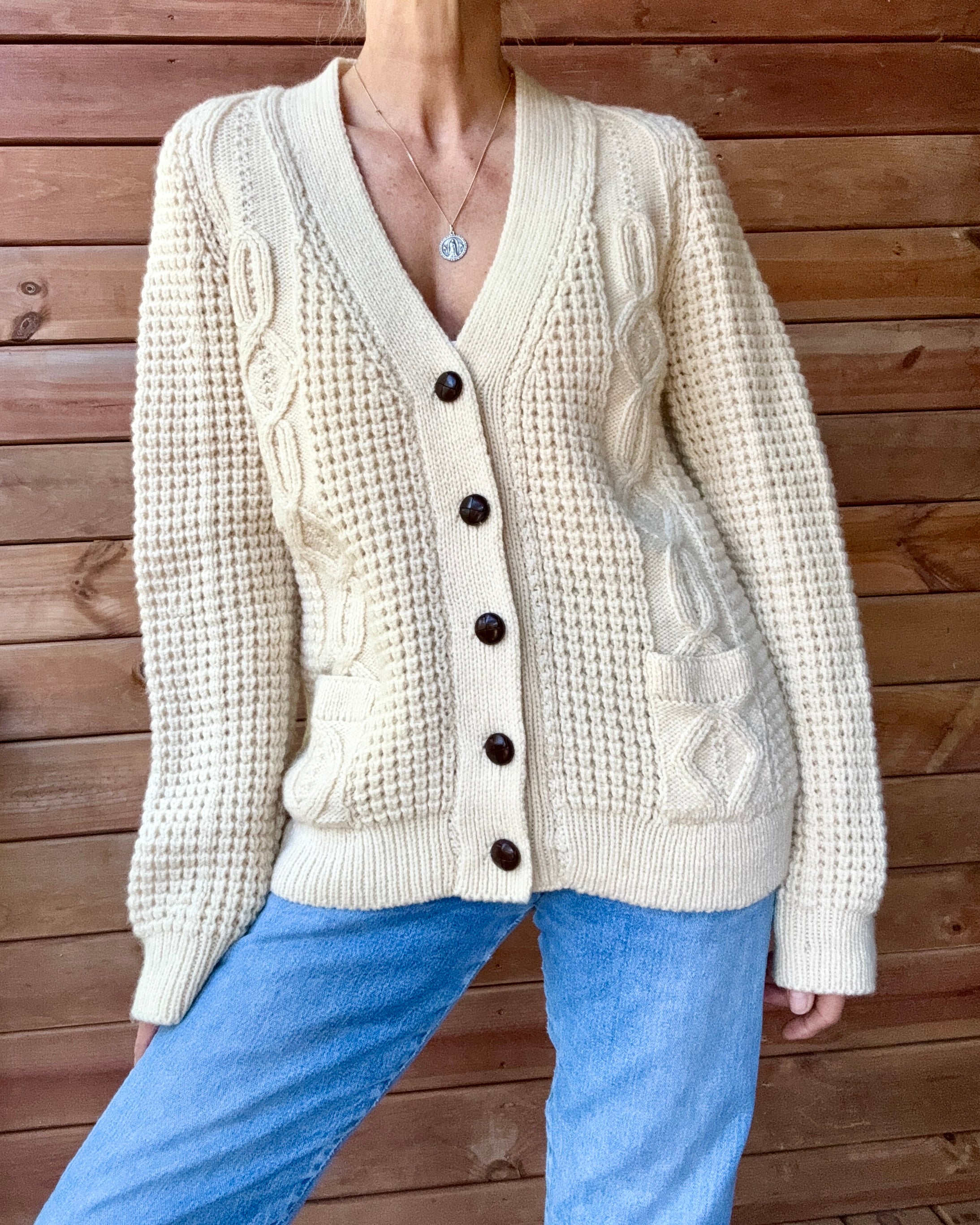 Vintage 1970s Handloomed CORNEL Aran Cream Fisherman Basket and Cable Cardigan Sweater M L Made in Ireland