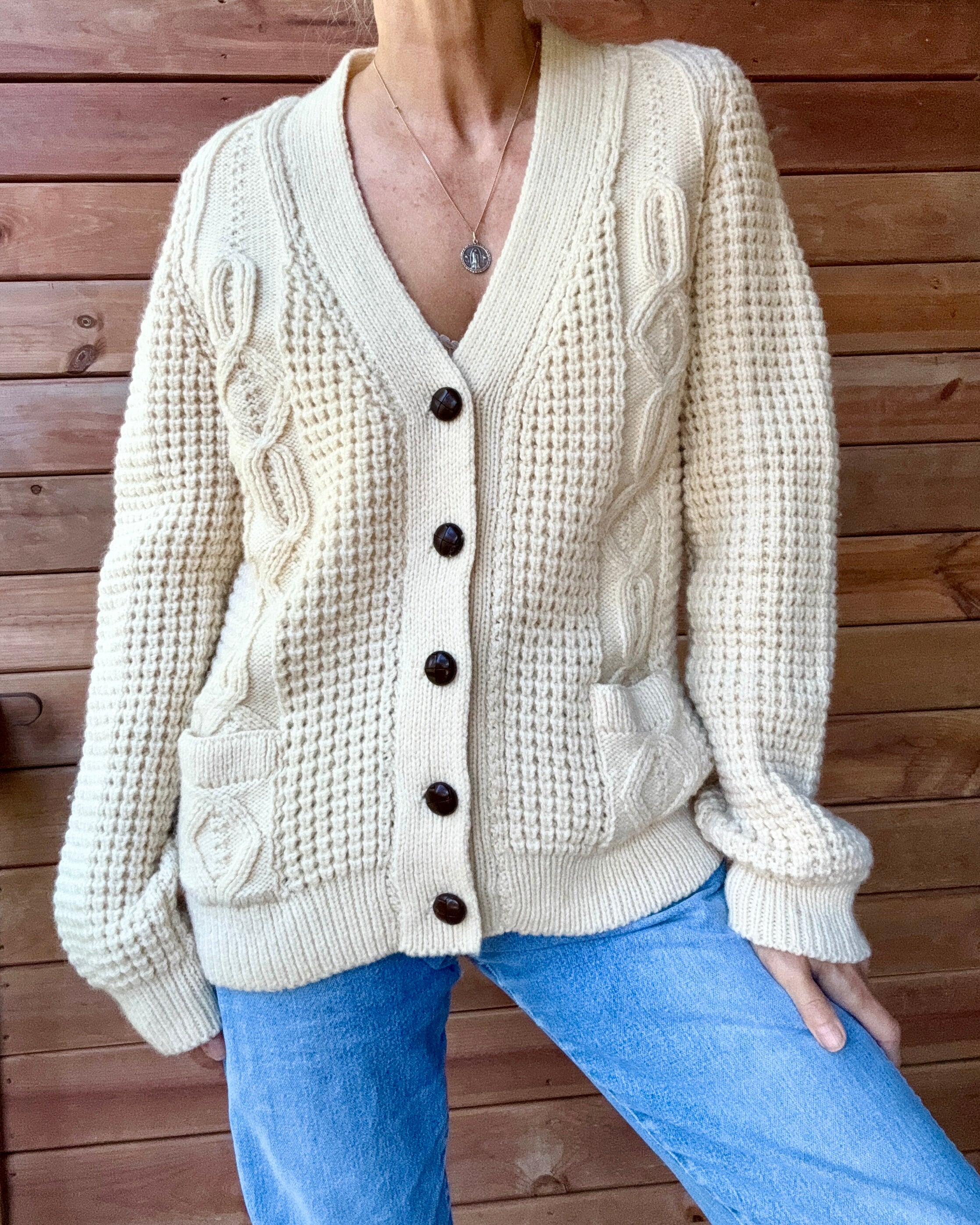 Vintage 1970s Handloomed CORNEL Aran Cream Fisherman Basket and Cable Cardigan Sweater M L Made in Ireland