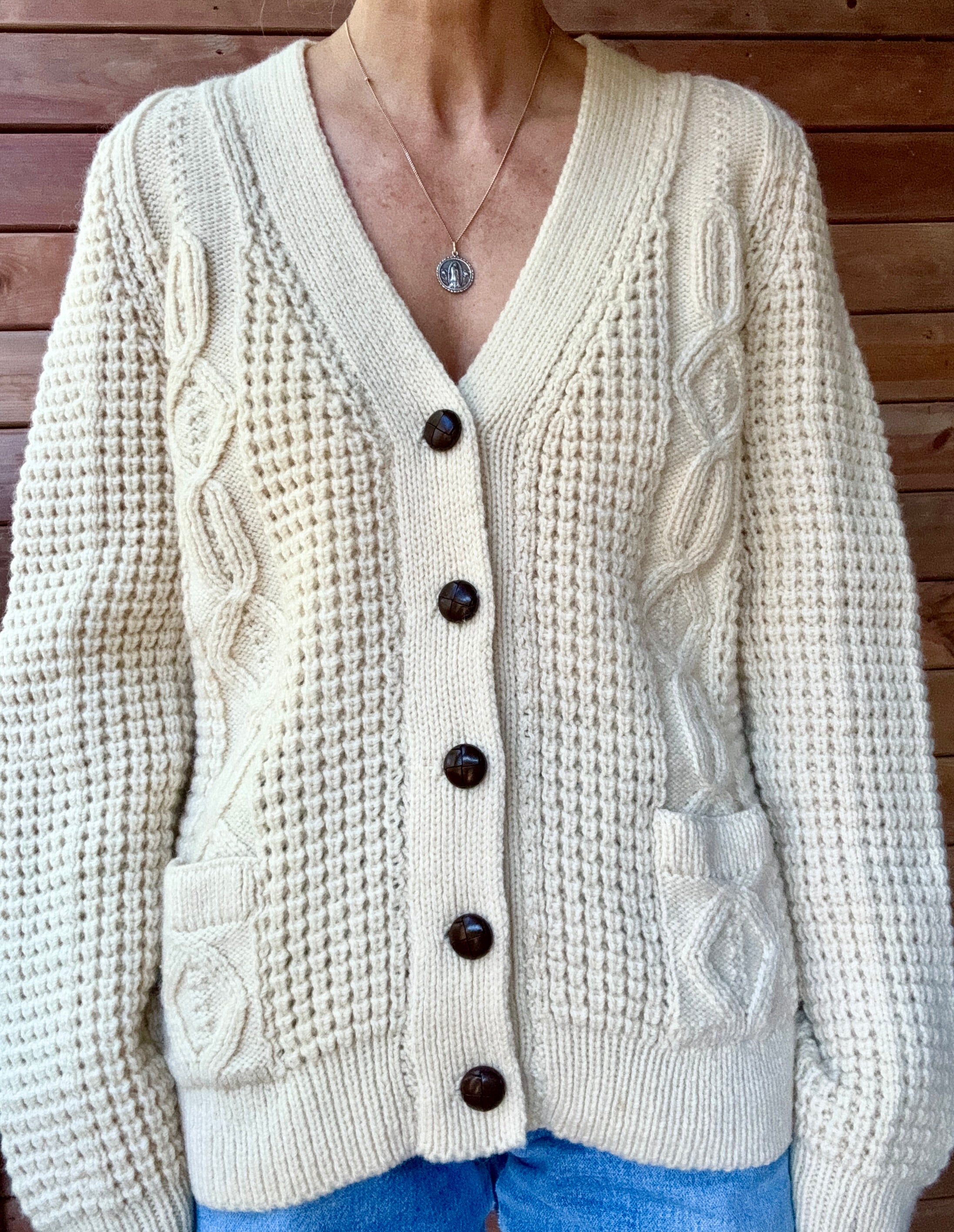 Vintage 1970s Handloomed CORNEL Aran Cream Fisherman Basket and Cable Cardigan Sweater M L Made in Ireland