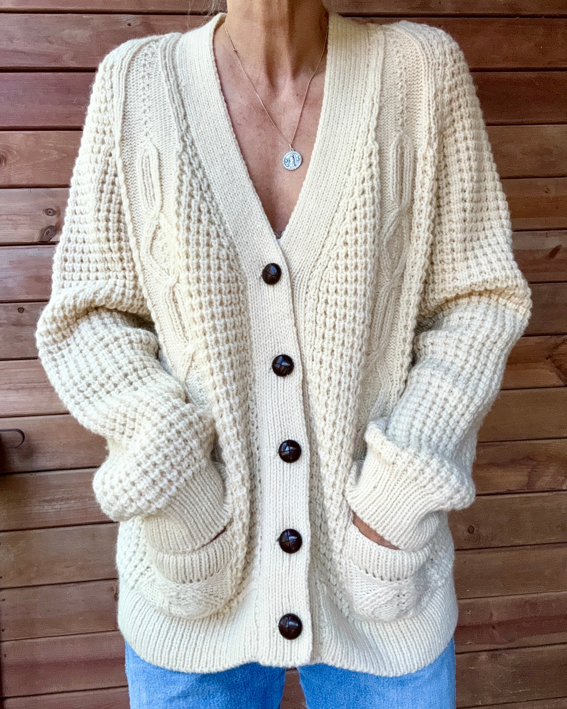 Vintage 1970s Handloomed CORNEL Aran Cream Fisherman Basket and Cable Cardigan Sweater M L Made in Ireland