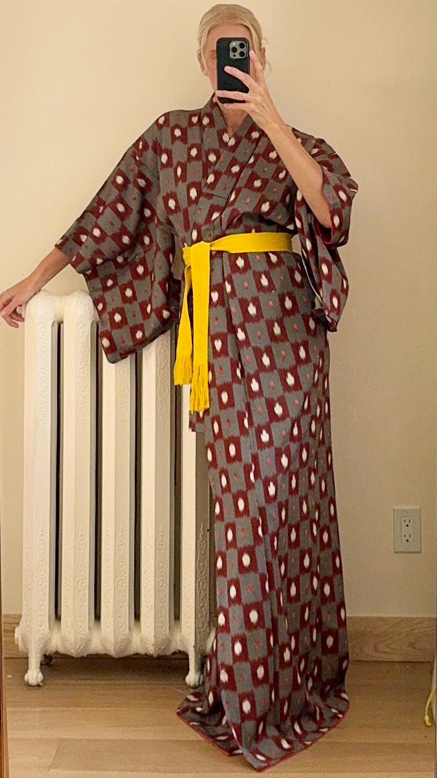 Vintage Japanese Silk Ottoman Miesen Kimono Robe in Kasuri Ikat Design