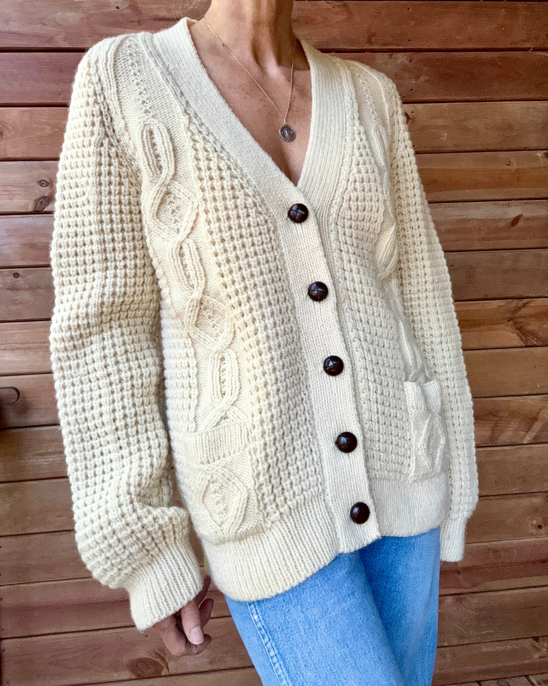 Vintage 1970s Handloomed CORNEL Aran Cream Fisherman Basket and Cable Cardigan Sweater M L Made in Ireland