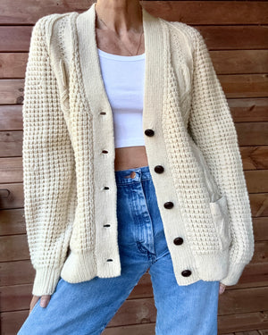 Vintage 1970s Handloomed CORNEL Aran Cream Fisherman Basket and Cable Cardigan Sweater M L Made in Ireland