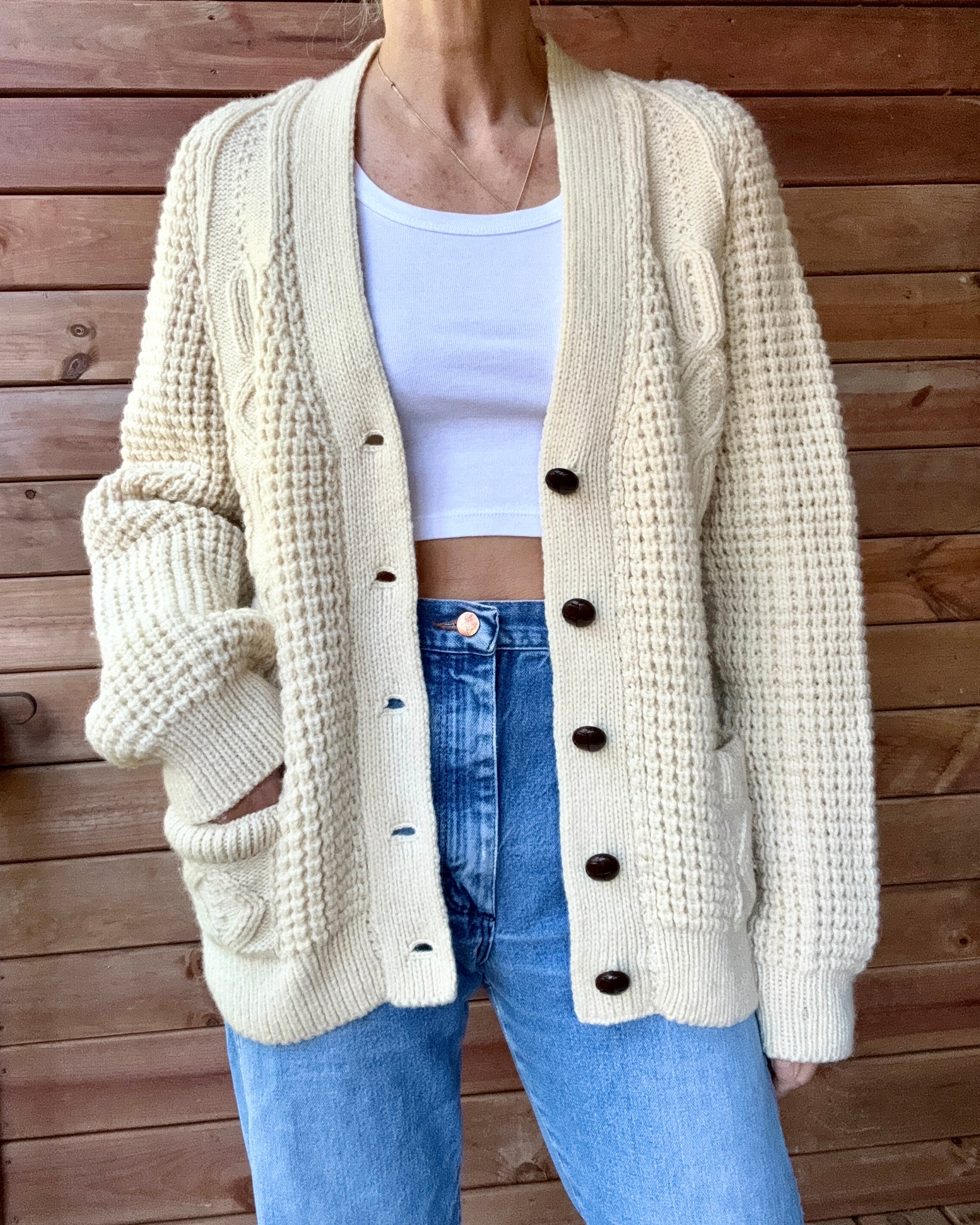 Vintage 1970s Handloomed CORNEL Aran Cream Fisherman Basket and Cable Cardigan Sweater M L Made in Ireland