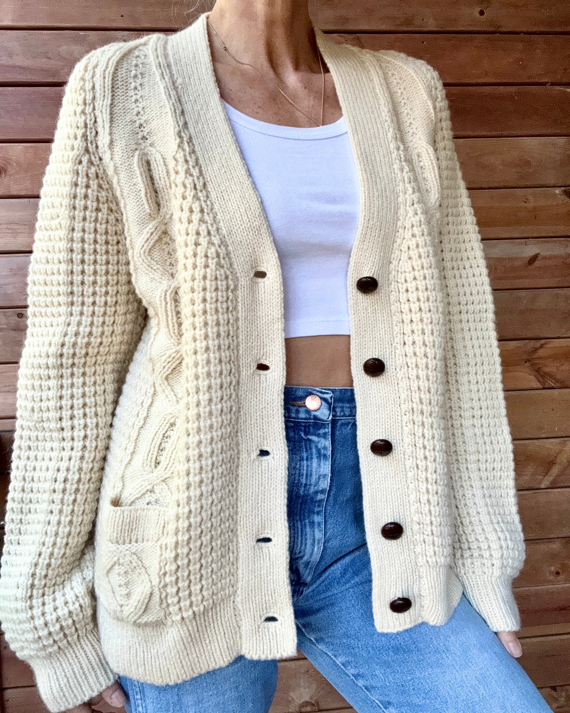 Vintage 1970s Handloomed CORNEL Aran Cream Fisherman Basket and Cable Cardigan Sweater M L Made in Ireland