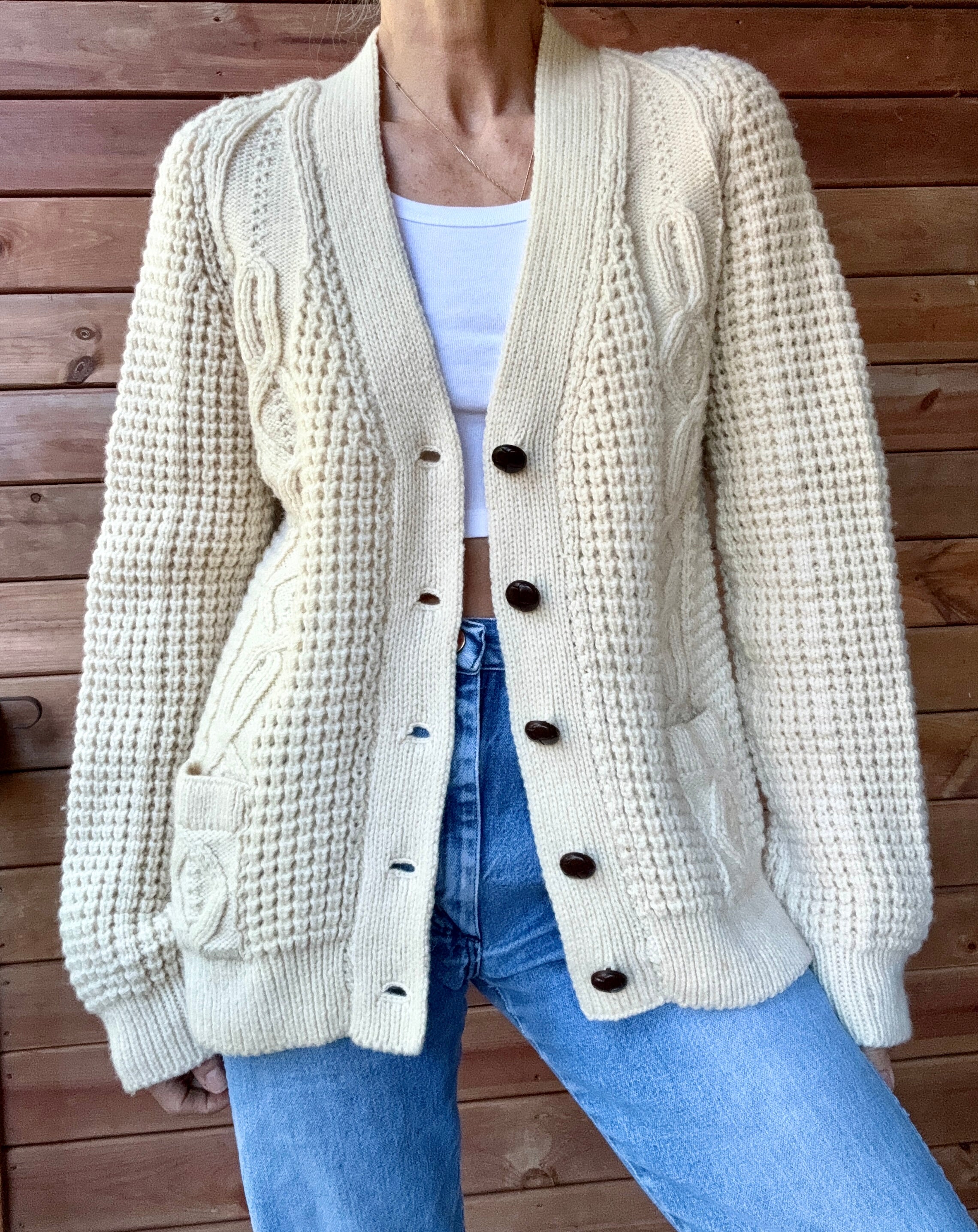 Vintage 1970s Handloomed CORNEL Aran Cream Fisherman Basket and Cable Cardigan Sweater M L Made in Ireland