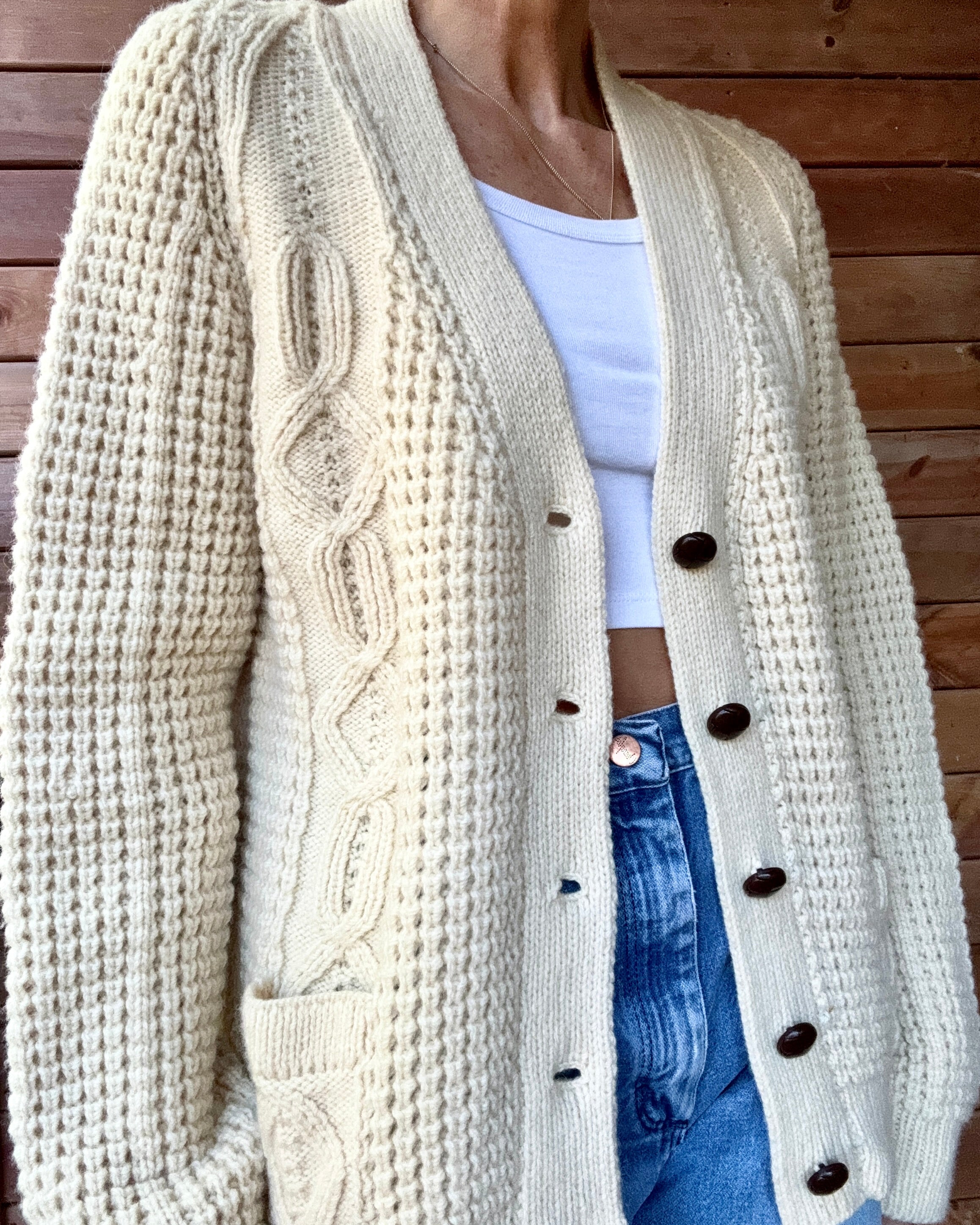 Vintage 1970s Handloomed CORNEL Aran Cream Fisherman Basket and Cable Cardigan Sweater M L Made in Ireland