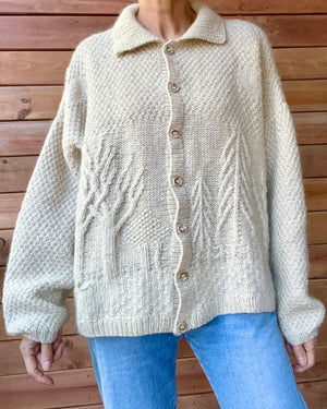 Vintage Handknit Oatmeal Alpaca Wool Scenic Tree Cardigan Sweater L XL