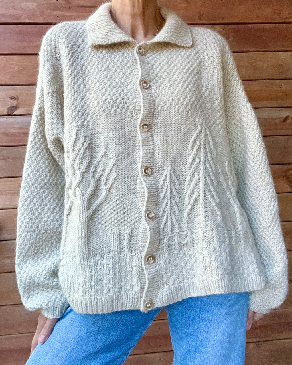 Vintage Handknit Oatmeal Alpaca Wool Scenic Tree Cardigan Sweater L XL