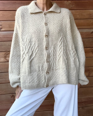 Vintage Handknit Oatmeal Alpaca Wool Scenic Tree Cardigan Sweater L XL