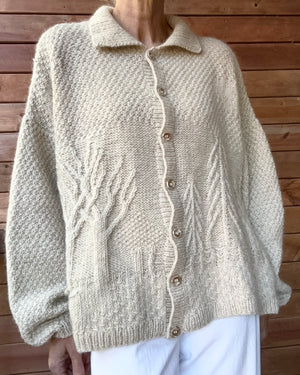 Vintage Handknit Oatmeal Alpaca Wool Scenic Tree Cardigan Sweater L XL