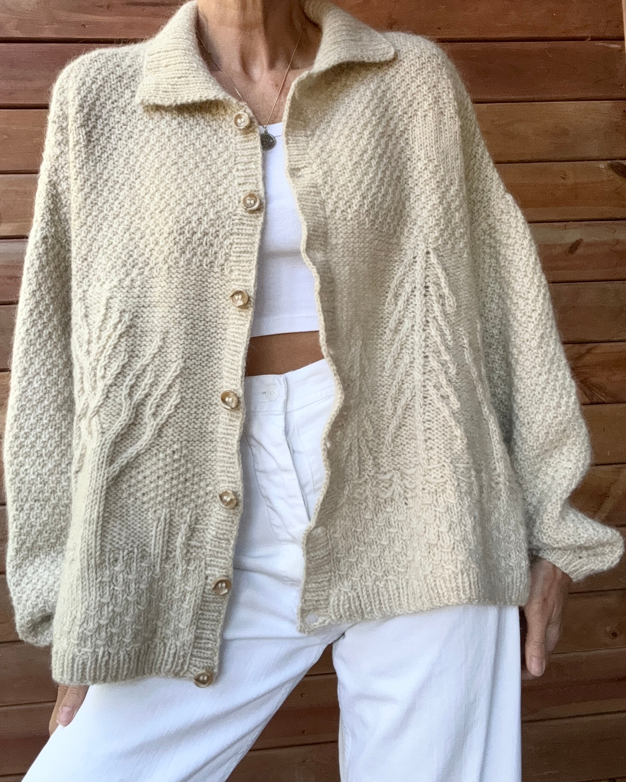 Vintage Handknit Oatmeal Alpaca Wool Scenic Tree Cardigan Sweater L XL