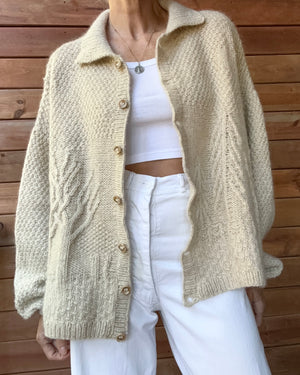 Vintage Handknit Oatmeal Alpaca Wool Scenic Tree Cardigan Sweater L XL