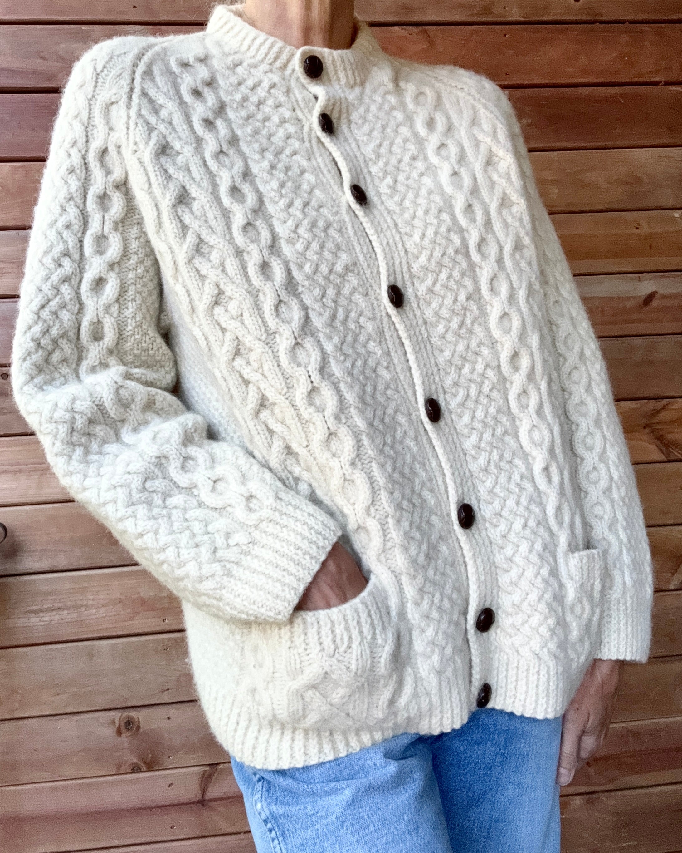 Vintage BLARNEY Woollen Mills Handknit Cream Fisherman Cable Cardigan Sweater Pure Wool M L Made in Ireland